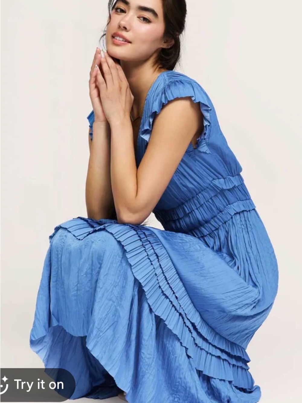 Anthropologie Current Air Blue Pleated V-Neck Midi Dress with Tiered Ruffles